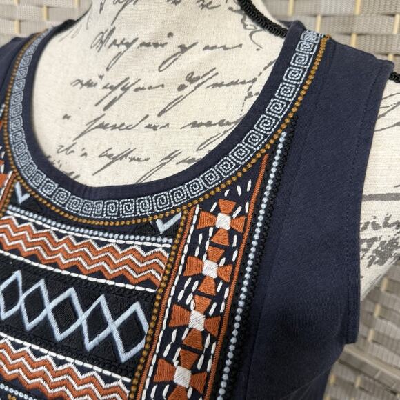Garnet Hill BOHO EMBROIDERED KNIT DRESS Size S Navy Organic Cotton Sleeveless - Picture 5 of 10